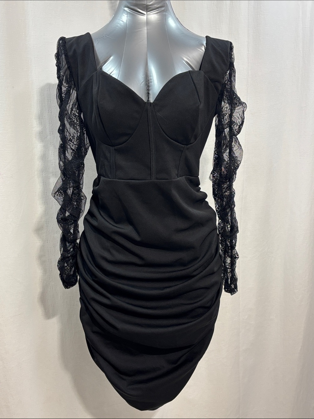 Black Lace-Sleeve Ruched Sweetheart Mini Dress party formal wedding trendy chic
